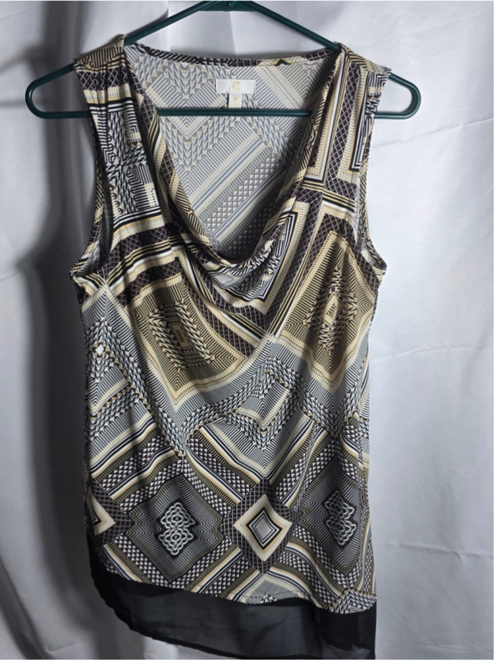 Women's Unbranded Geometric Print Cowl Neck Tank Top Beige Black M boho-chic